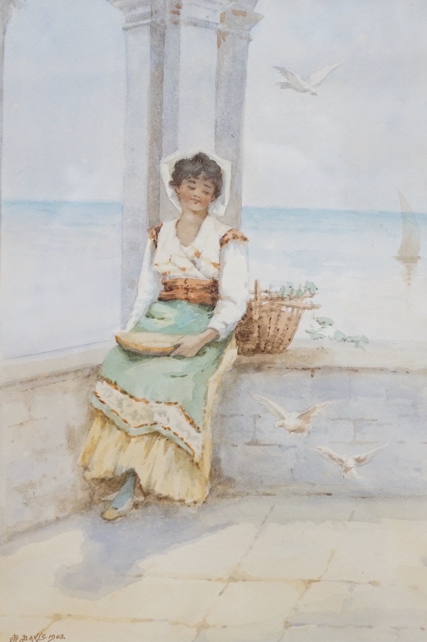 S.B. Davis, watercolour, Neapolitan woman seated upon a terrace, signed and dated 1903, 36 x 24cm